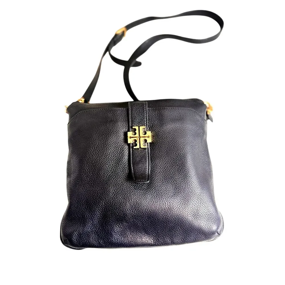 Tory Burch Meyer pebbled black leather crossbody bag gold tone hardware zip top